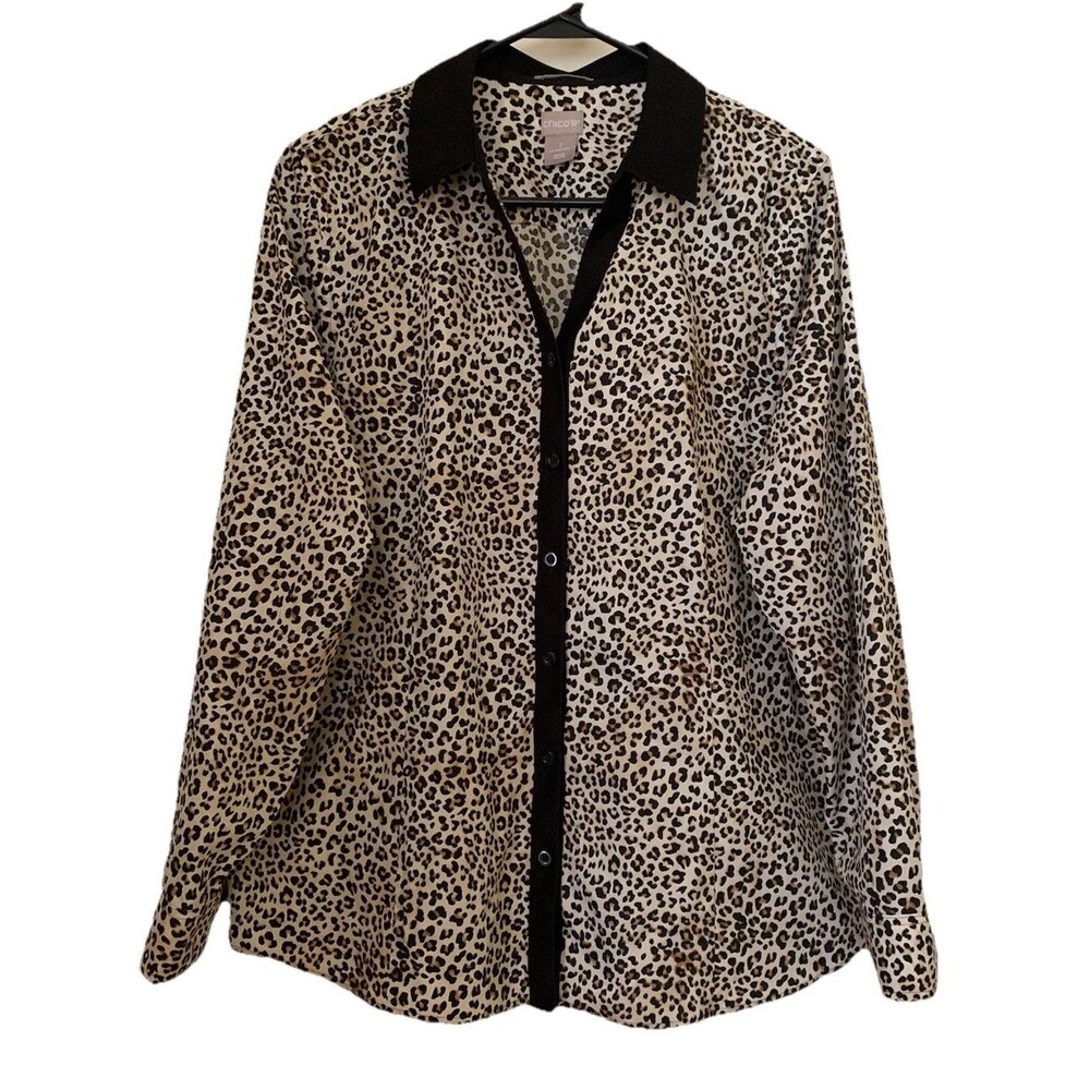 Chicos Size 2 Womens Large Top No Iron Cotton Button Up Animal Print